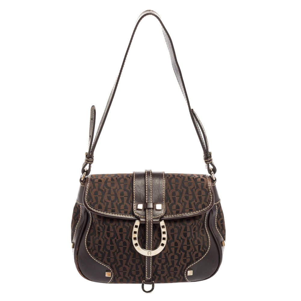 Pre Owned Aigner Dark Brown Signature Canvas and Leather Buckle Flap Baguette Bag