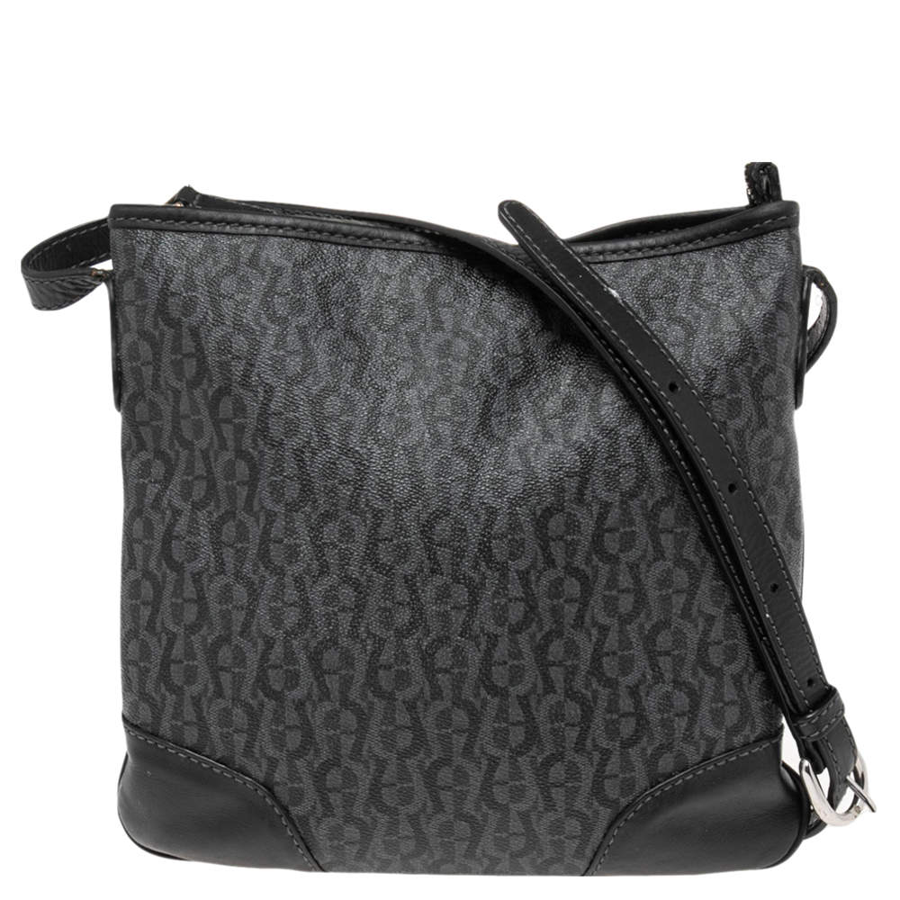 Pre Owned Aigner Black Signature Coated Canvas and Leather Crossbody Bag