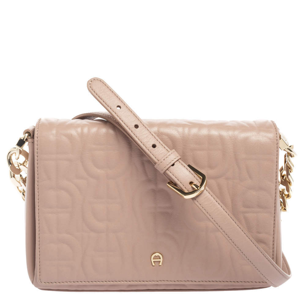 Pre Owned Aigner Pink Leather Logo Flap Shoulder Bag