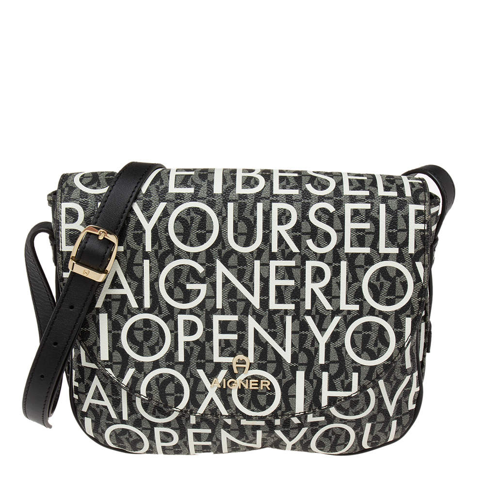 Pre Owned Aigner Black Signature Canvas And Leather Flap Shoulder Bag