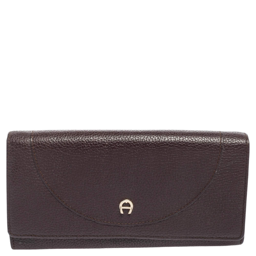 Pre Owned Aigner Plum Leather Logo Flap Continental Wallet