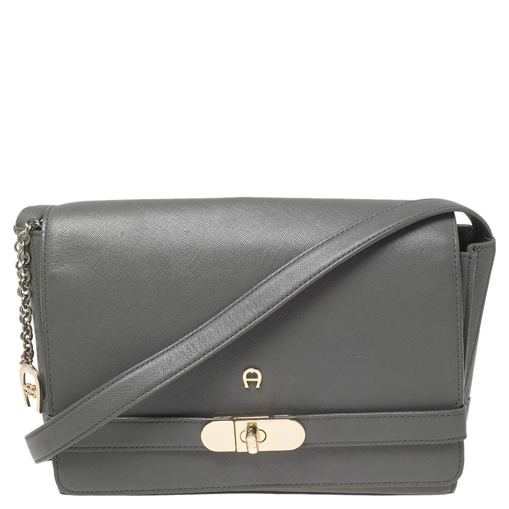 Pre Owned Aigner Grey Leather Turnlock Flap Shoulder Bag