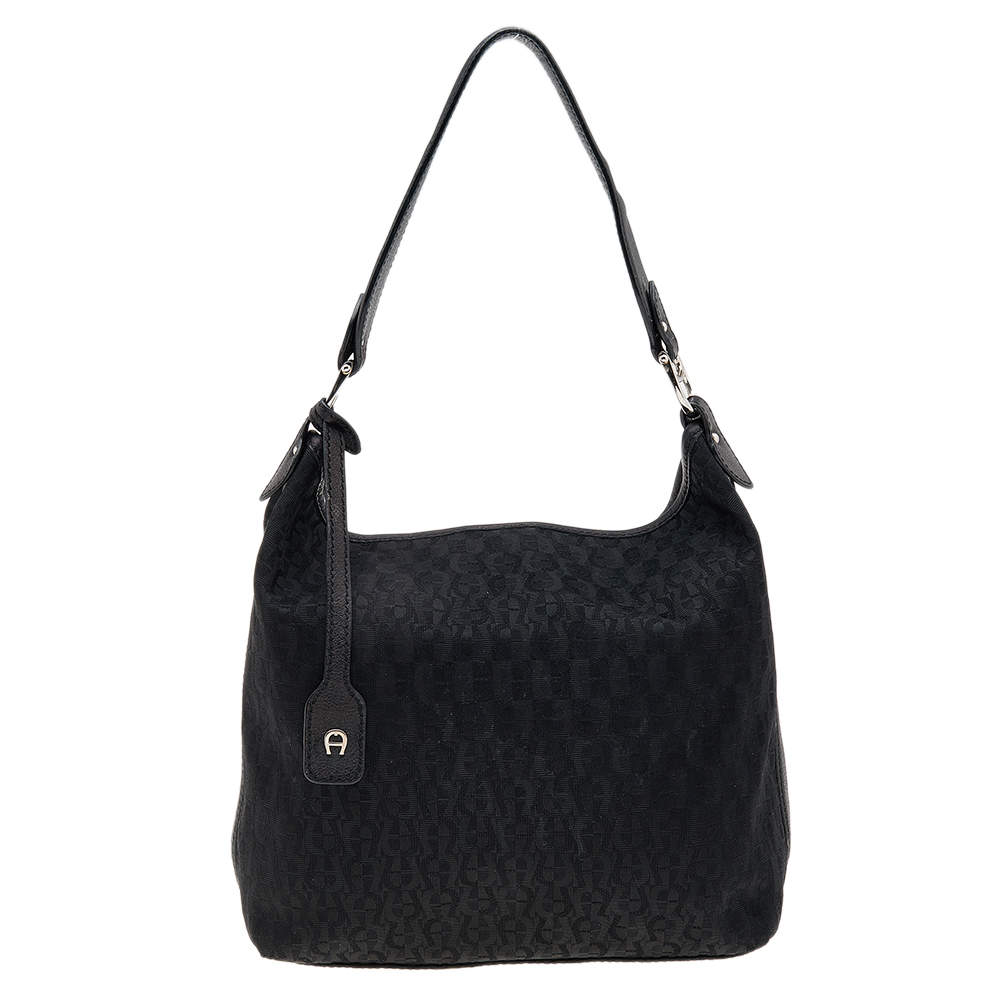 Aigner Black Signature Canvas and Leather Hobo