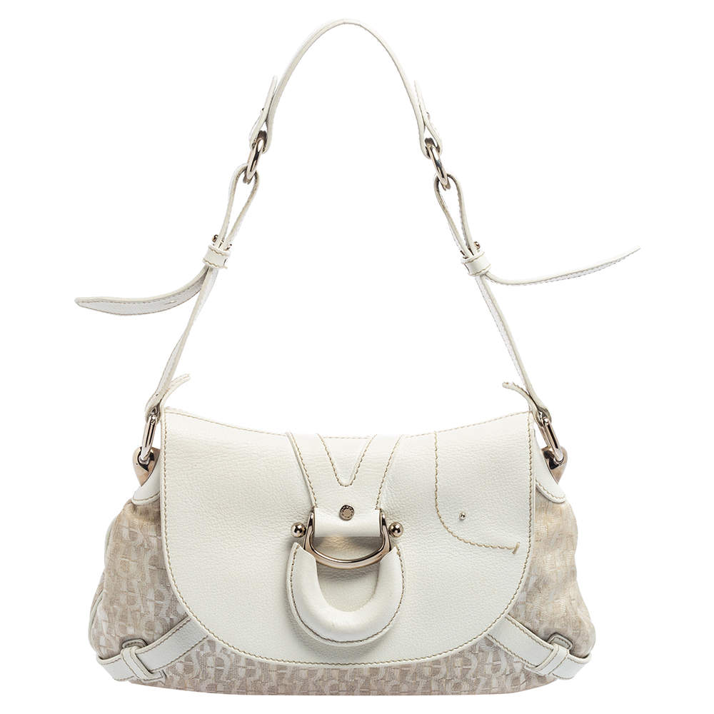 Pre Owned Aigner White Signature Canvas and Leather Buckle Flap Shoulder Bag