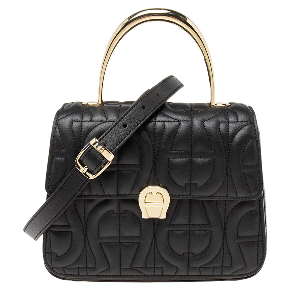 Pre Owned Aigner Black Signature Leather Genoveva Top Handle Bag