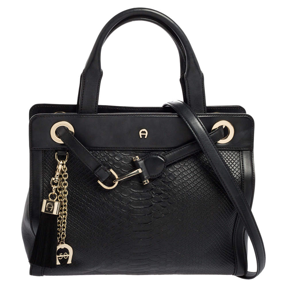 Pre Owned Aigner Black Croc Embossed Leather Cavallina Tote