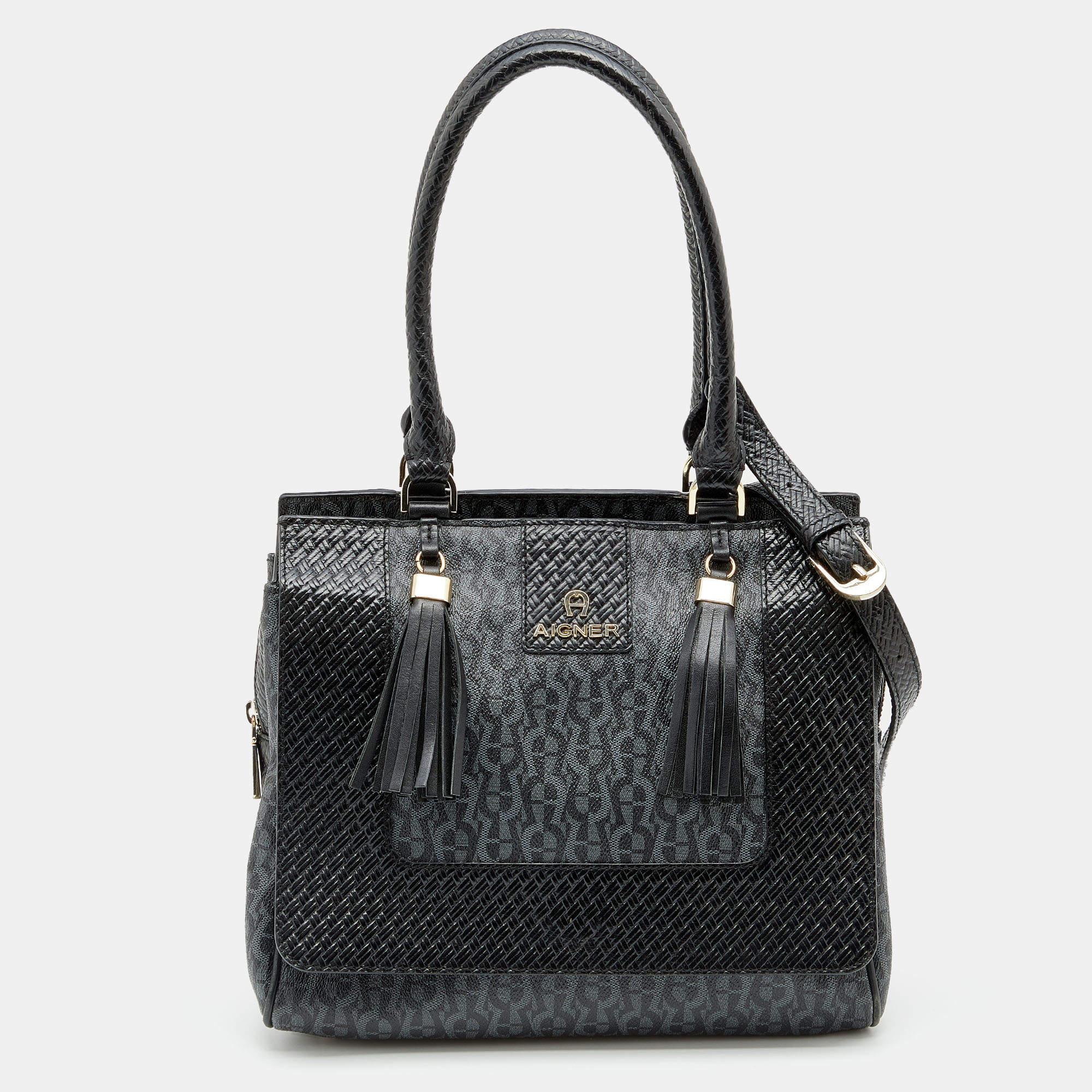 Pre Owned Aigner Black Signature Coated Canvas And Leather Tassel Top Handle Bag