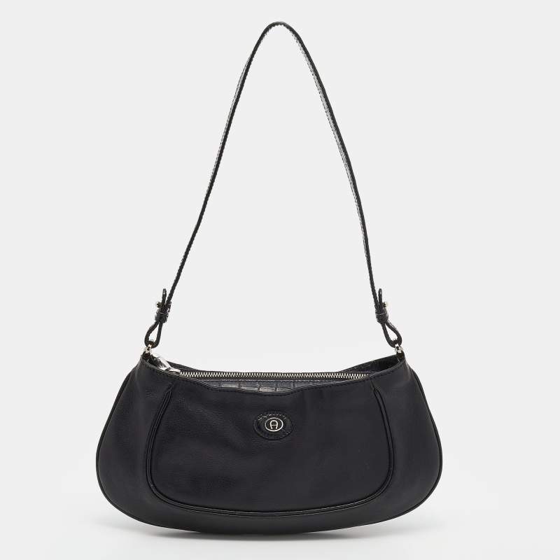 Pre Owned Aigner Black Leather and Croc Embossed Shoulder Bag