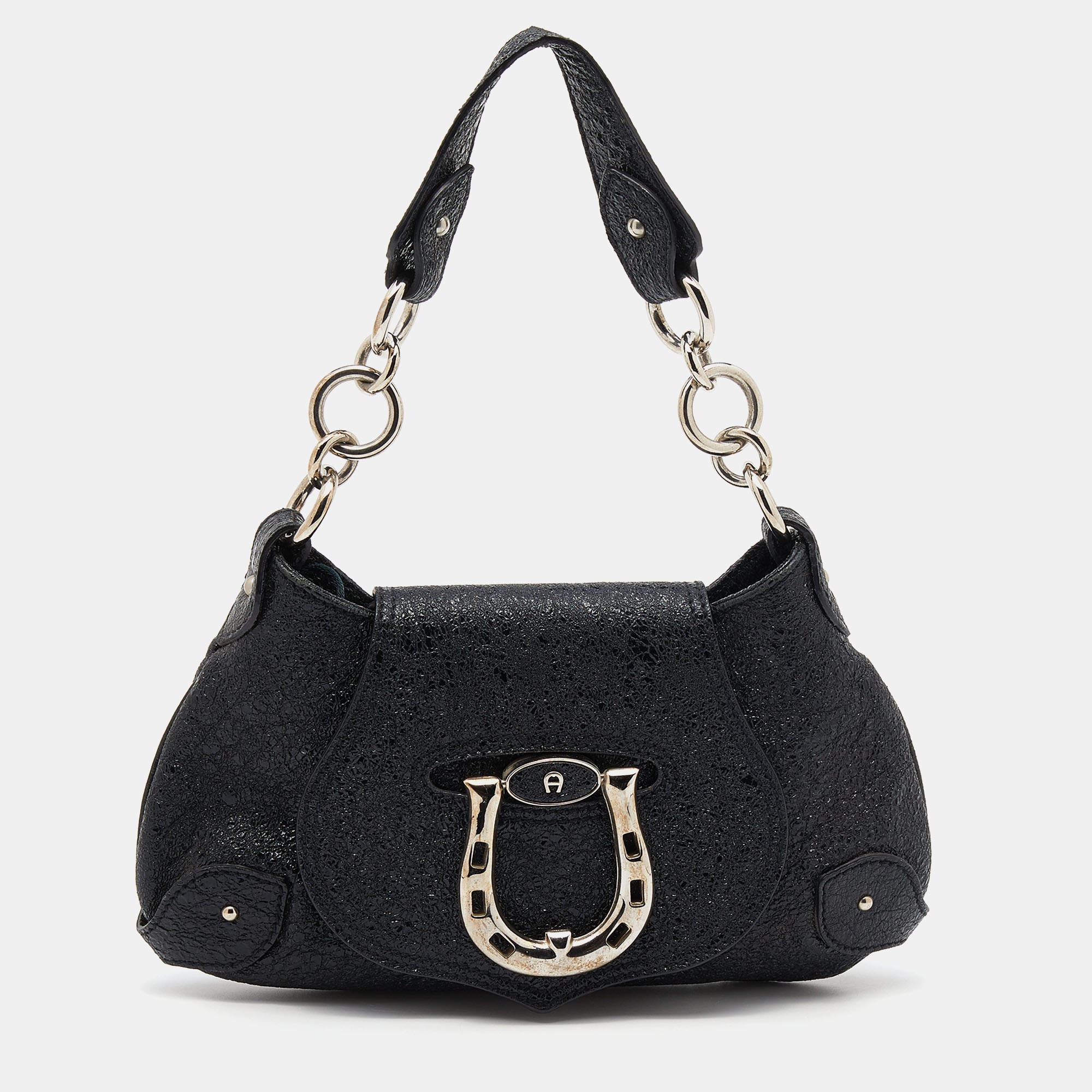 Pre Owned Aigner Black Crinkled Patent Leather Baguette Bag