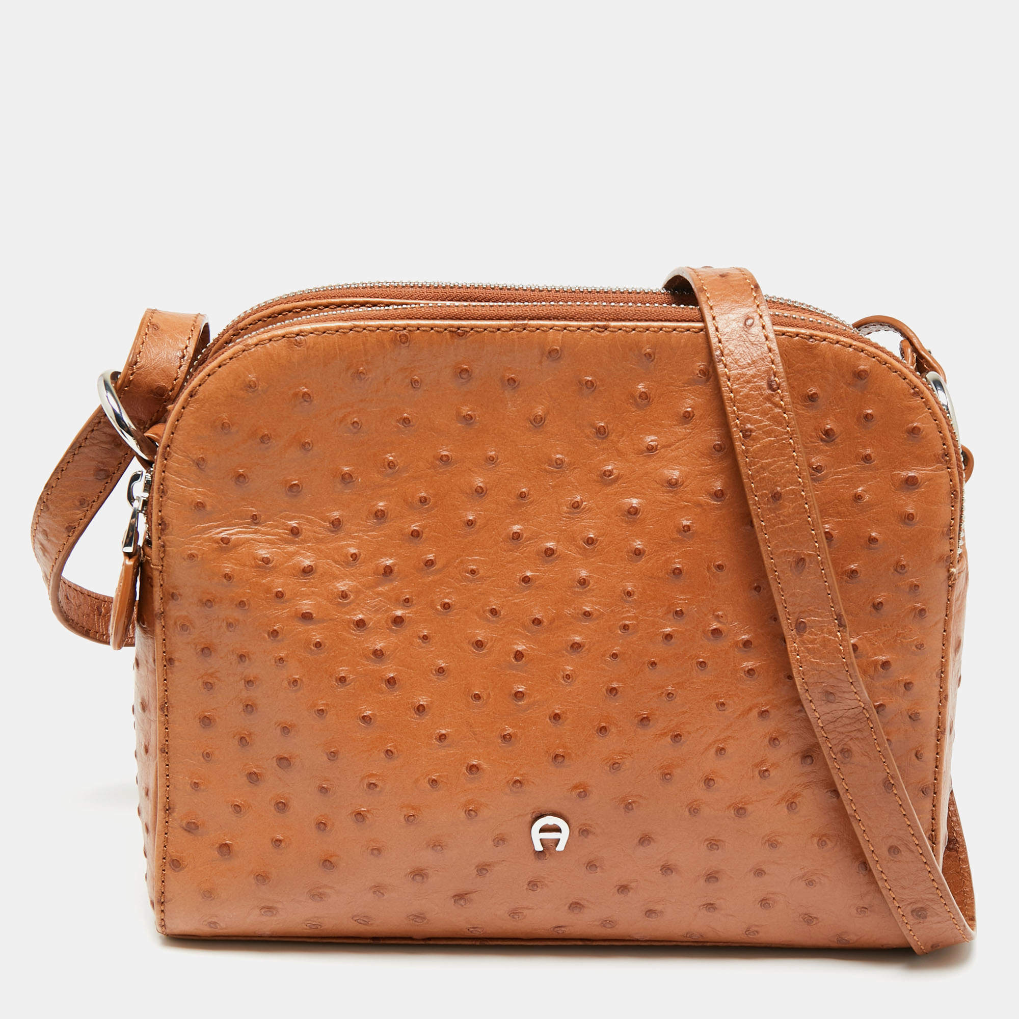 Pre Owned Aigner Tan Ostrich Embossed Leather Double Zip Crossbody Bag