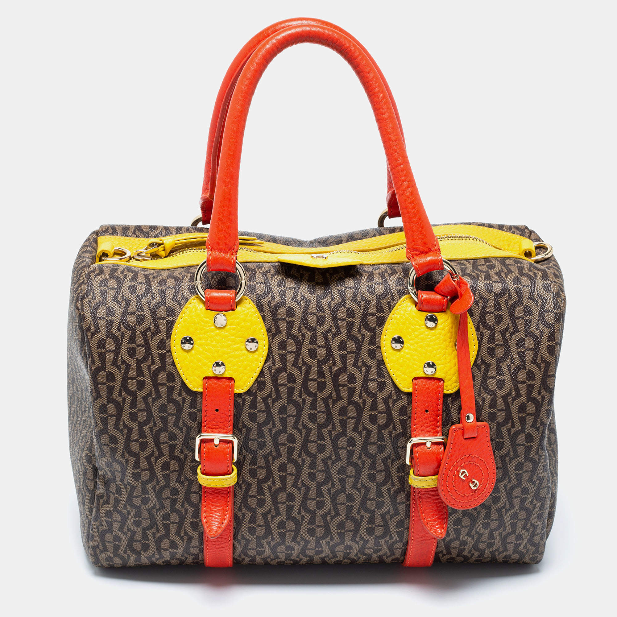 Pre Owned Aigner Multicolor Monogram Canvas And Leather Boston Bag