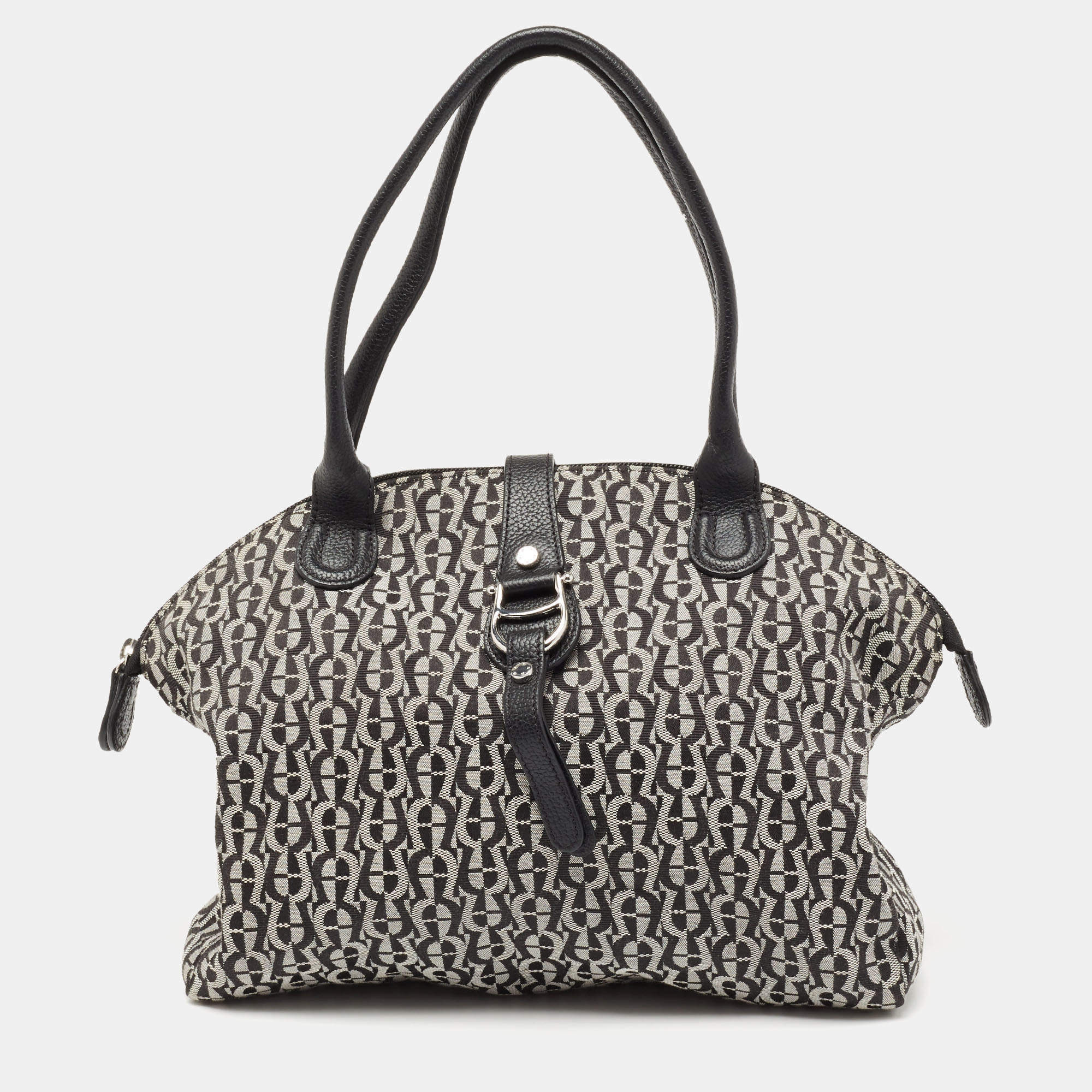 Pre Owned Aigner Black/Grey Signature Canvas And Leather Top Zip Satchel