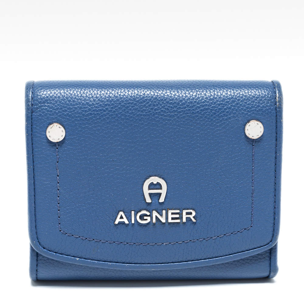 Pre Owned Aigner Blue Leather Trifold Wallet