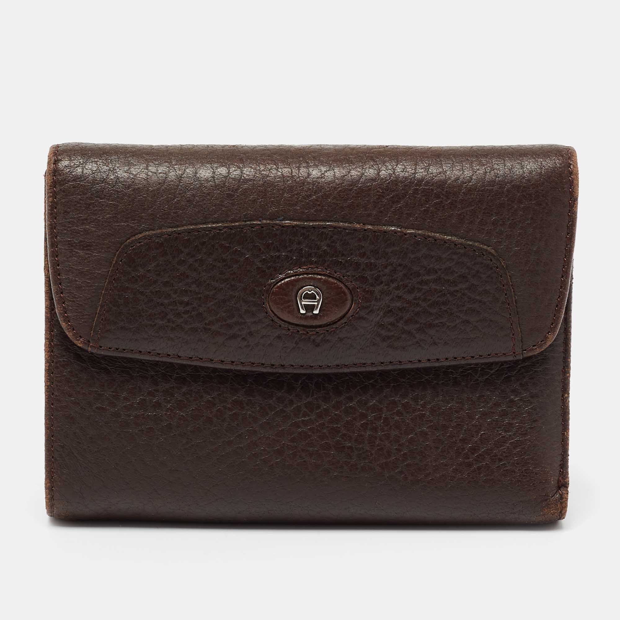 Aigner Brown Leather Logo Flap Trifold Wallet