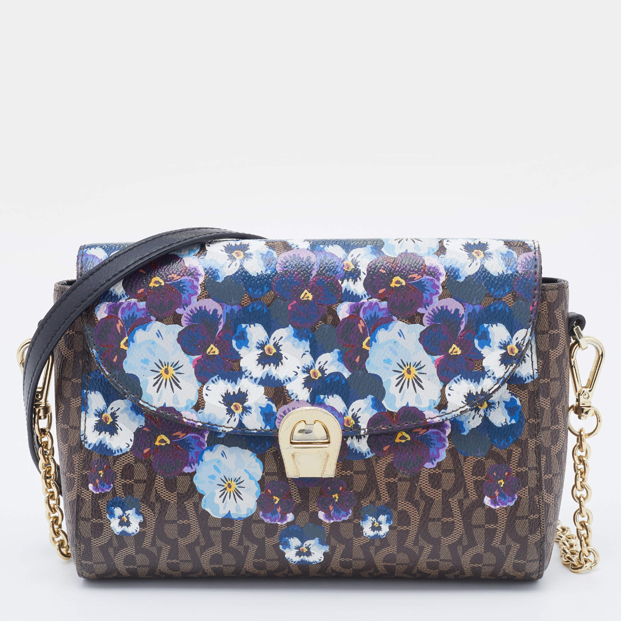 Pre Owned Aigner Multicolor Floral Print Coated Canvas and Leather Shoulder Bag