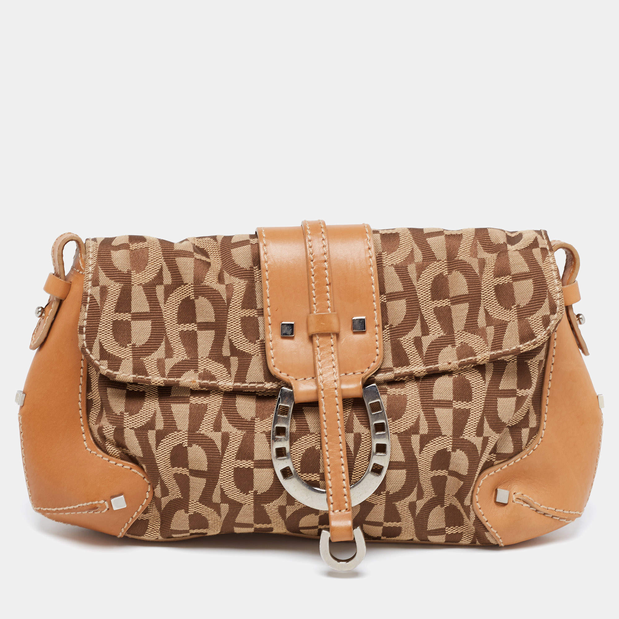 Pre Owned Aigner Brown Signature Canvas and Leather Buckle Flap Pouch