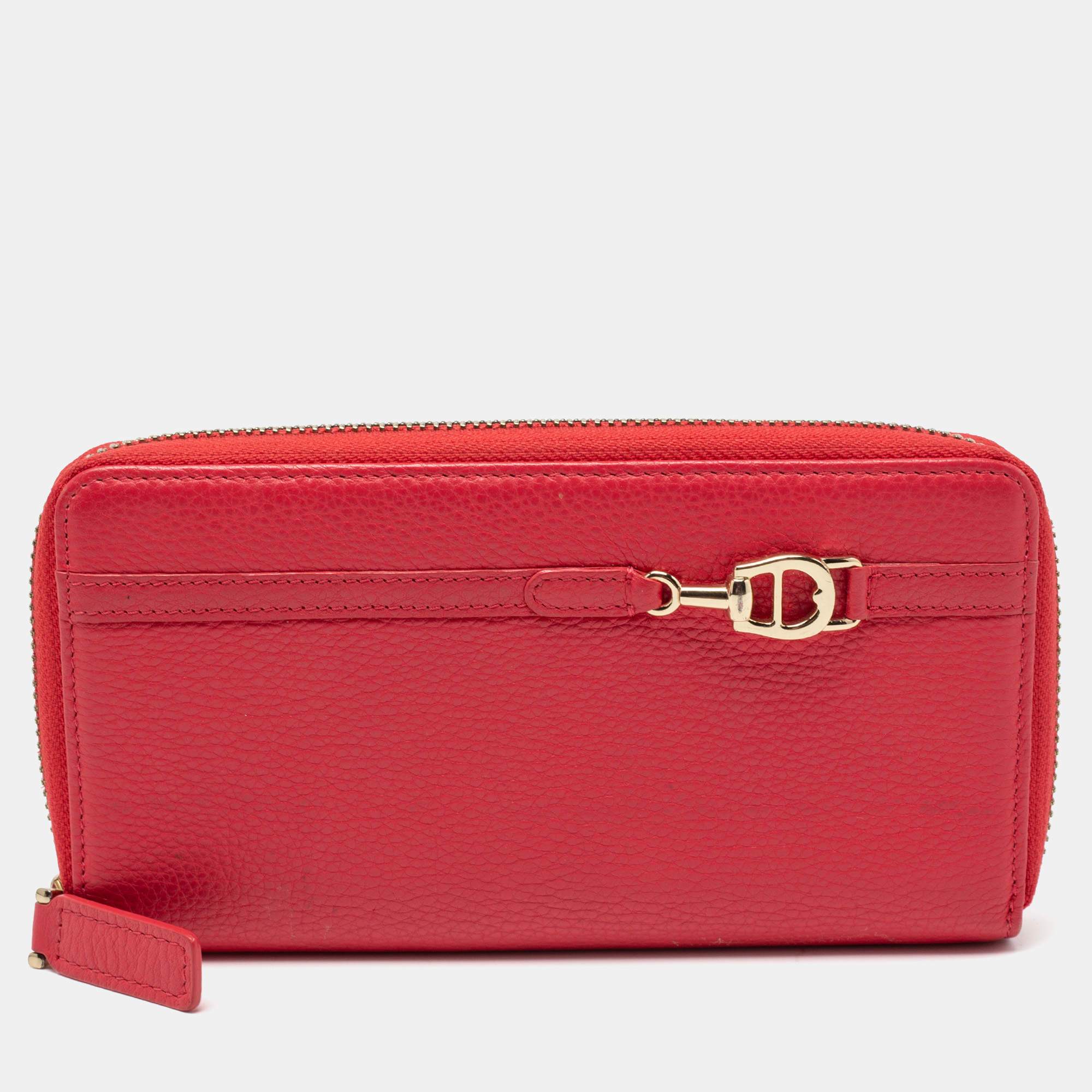 Pre Owned Aigner Red Leather Zip Around Wallet
