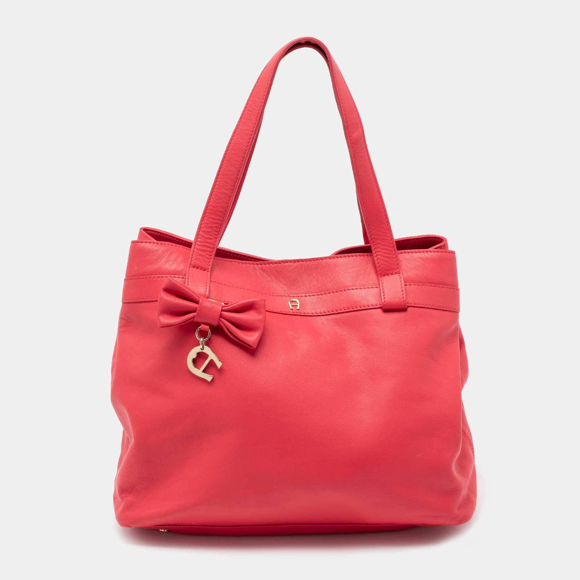 Pre Owned Aigner Rose Red Leather Bow Tote