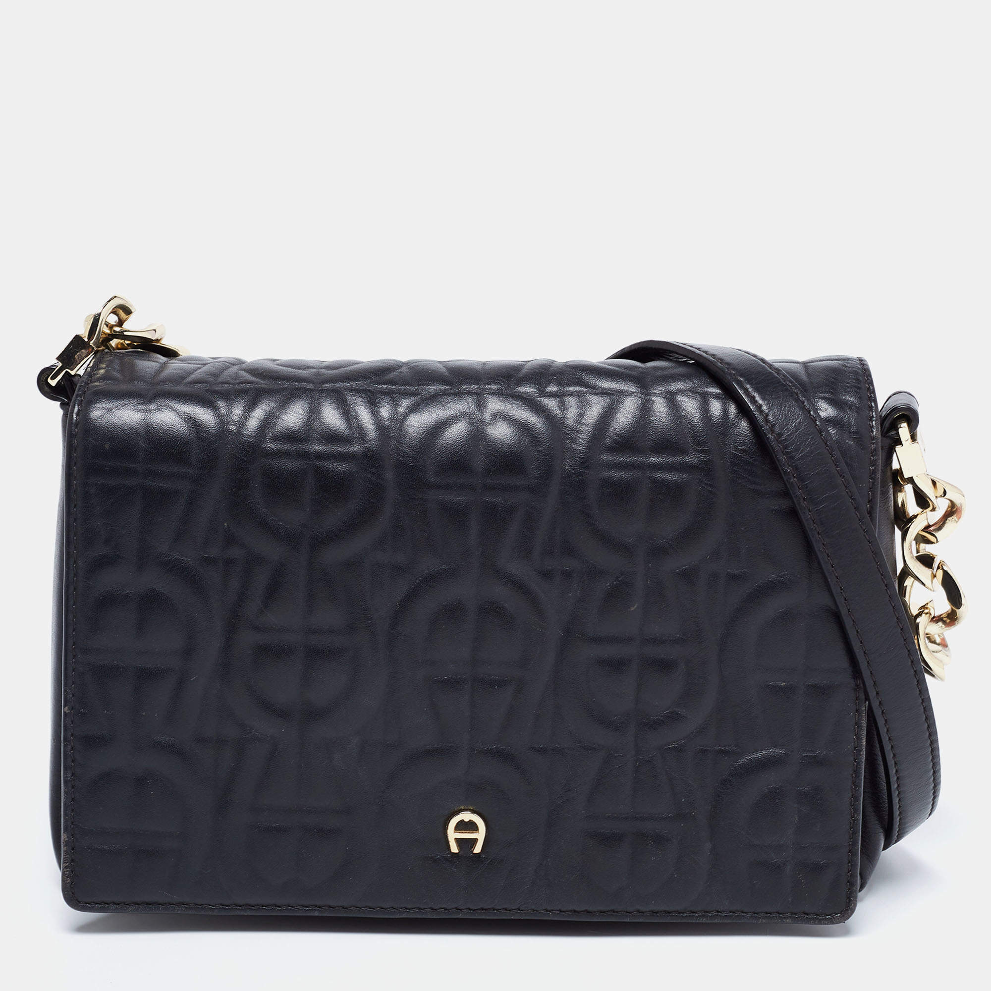 Pre Owned Aigner Black Logo Embossed Leather Flap Crossbody Bag