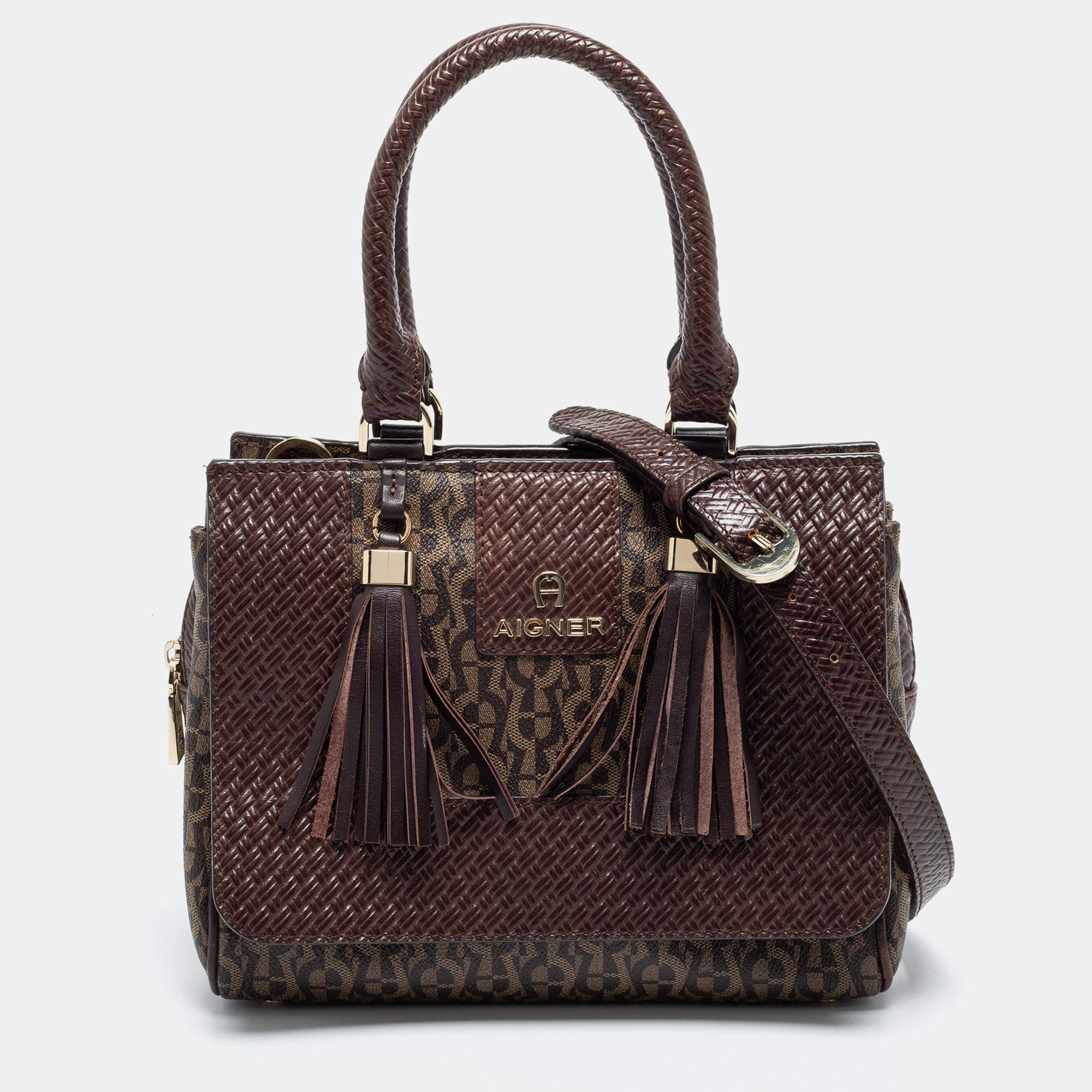 Pre Owned Aigner Brown Signature Coated Canvas and Leather Tassel Satchel
