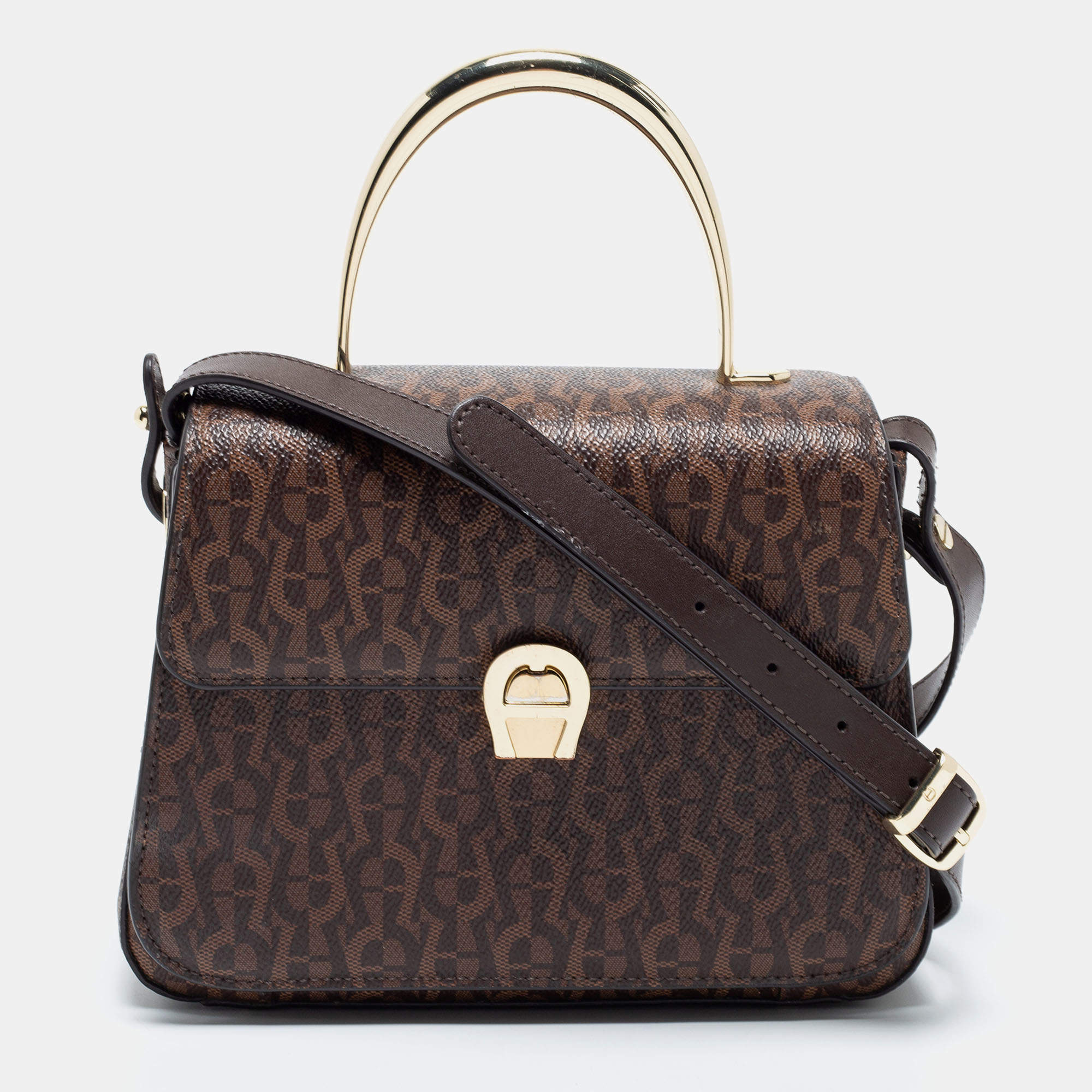 Pre Owned Aigner Brown Signature Coated Canvas Genoveva Top Handle Bag
