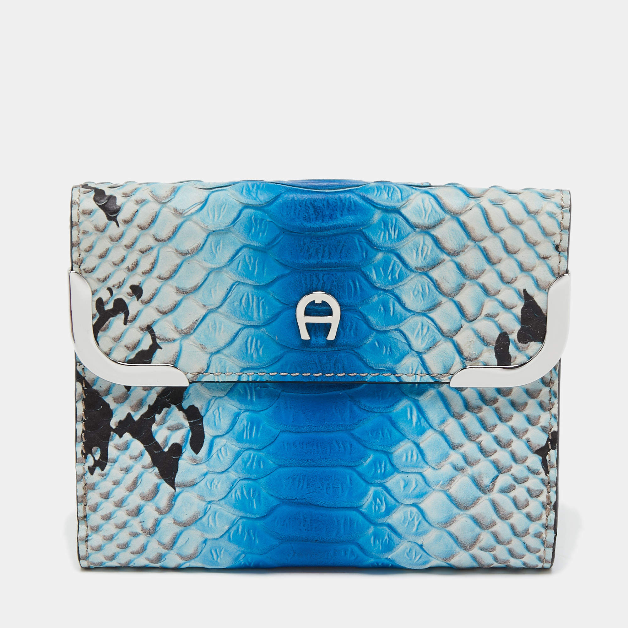 Aigner Blue Python Embossed Leather Compact Wallet