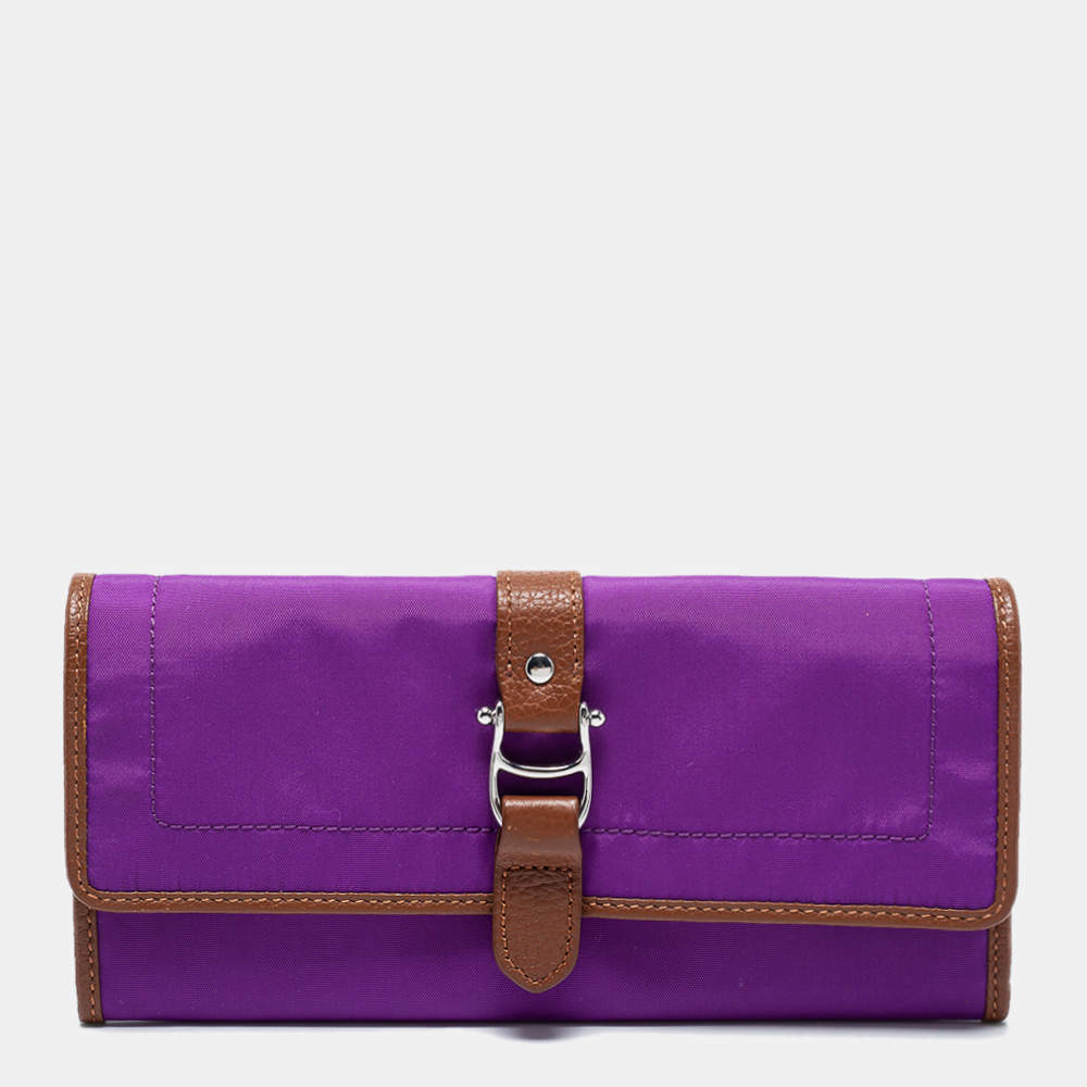 Aigner Purple/Brown Nylon and Leather Flap Continental Wallet