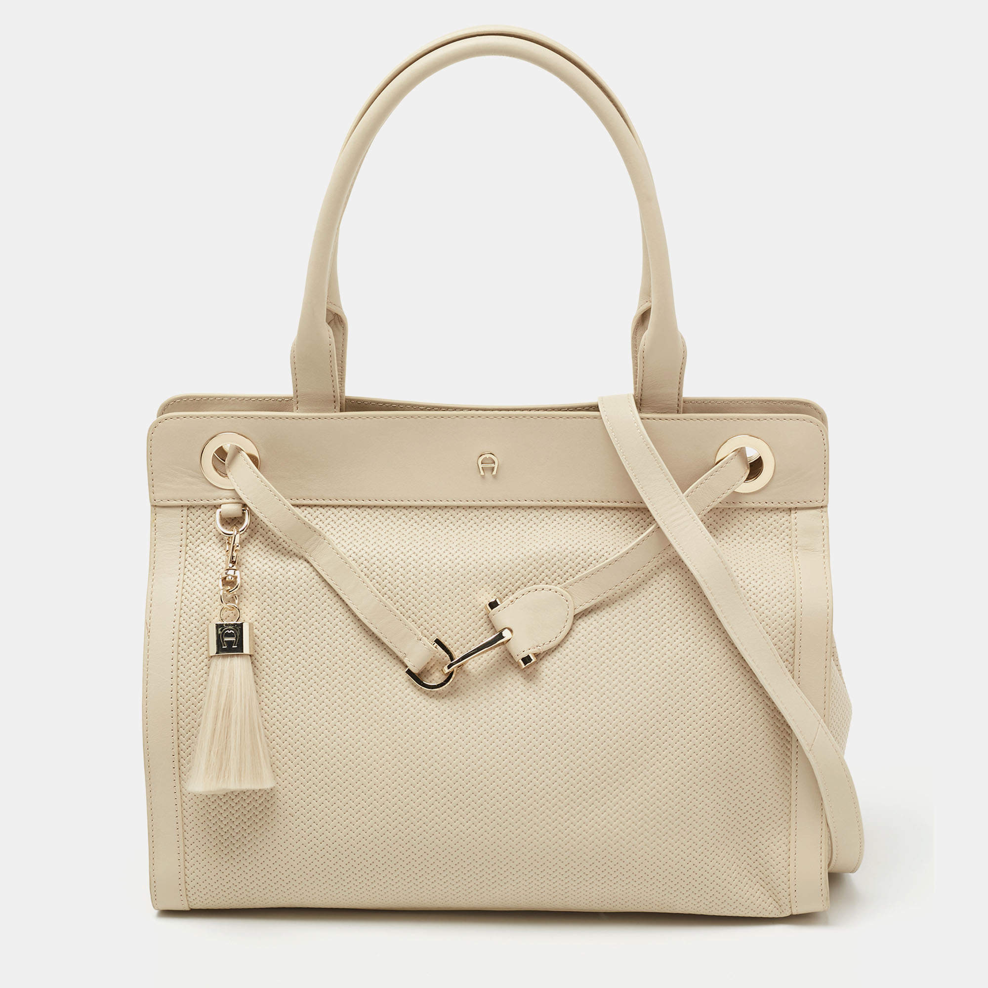 Pre Owned Aigner Beige Leather Cavallina Tote