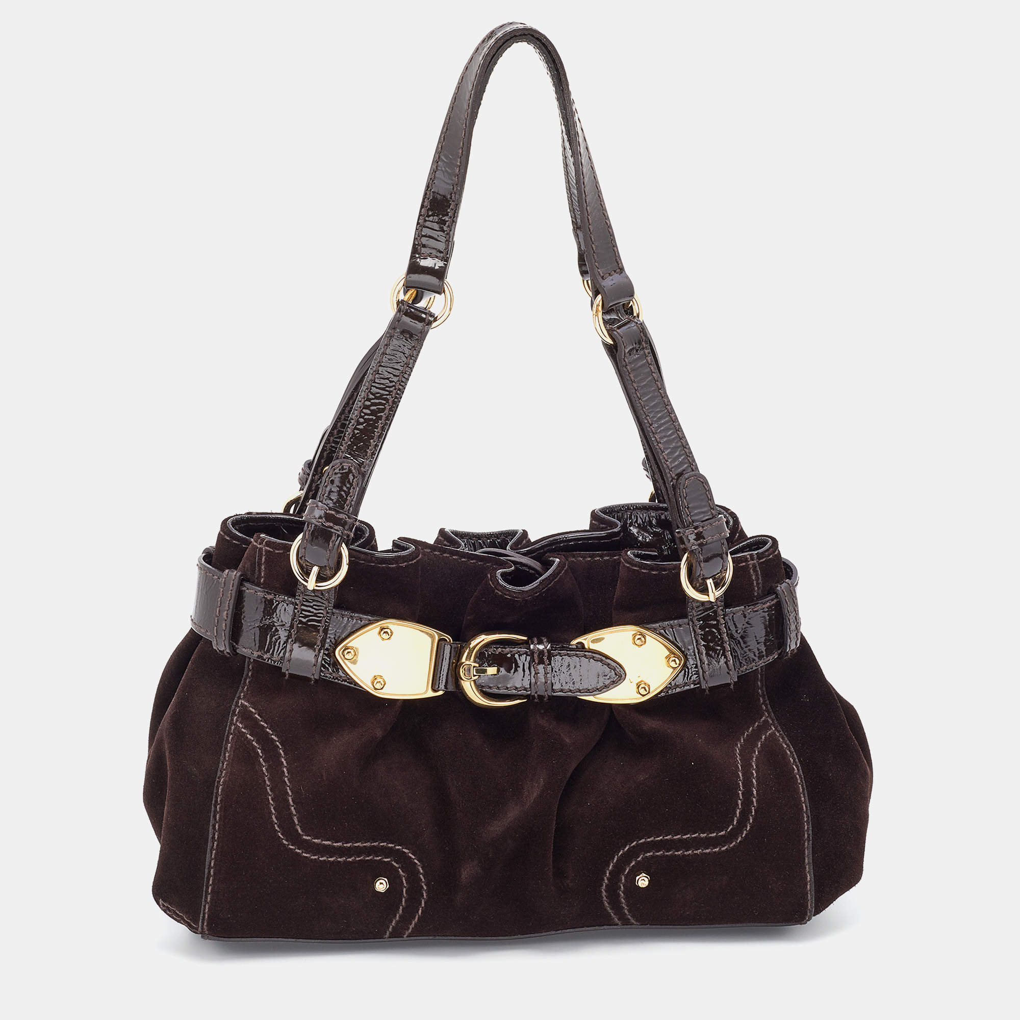 Pre Owned Aigner Brown Suede and Patent Leather Buckle Satchel