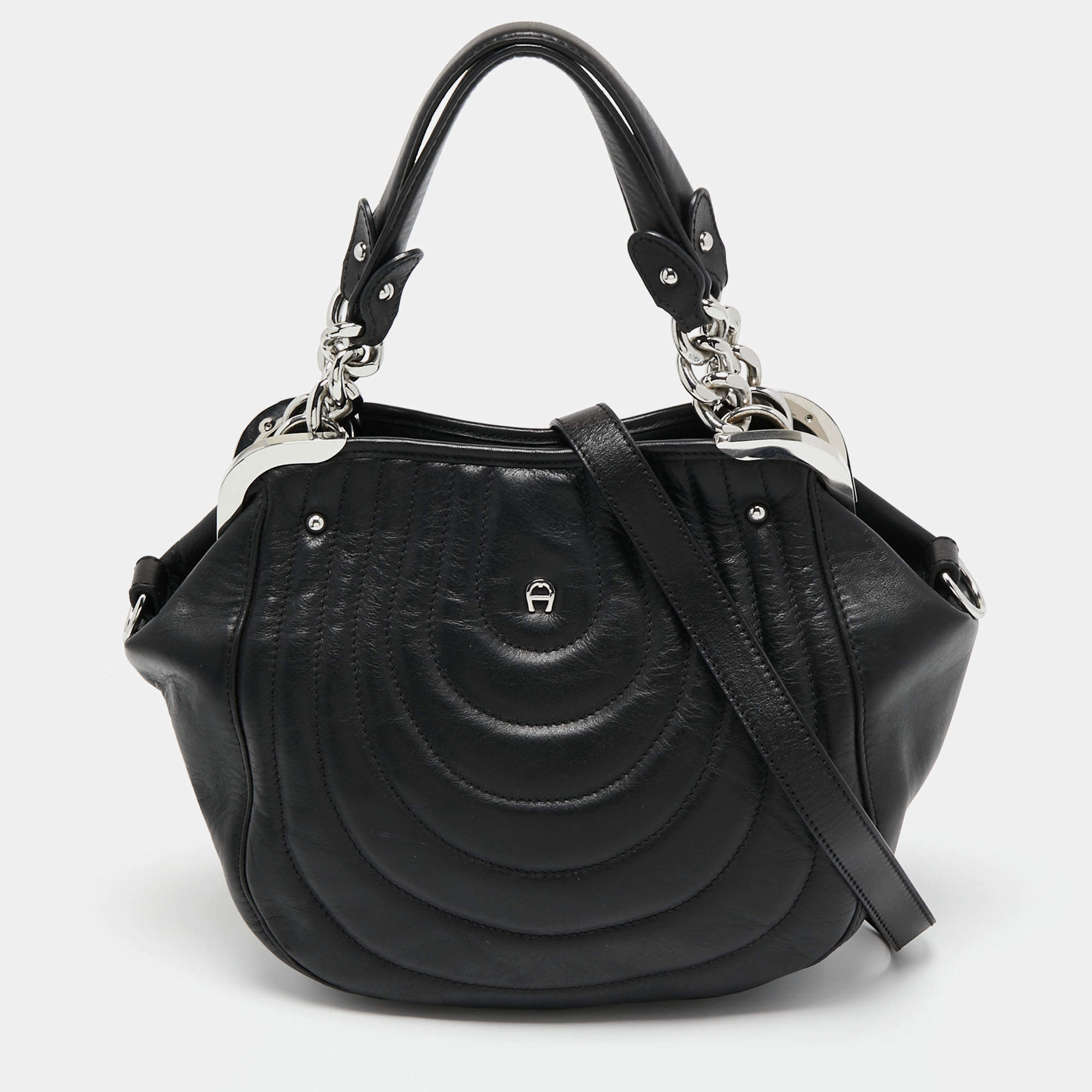 Pre Owned Aigner Black Quilted Leather Chain Satchel