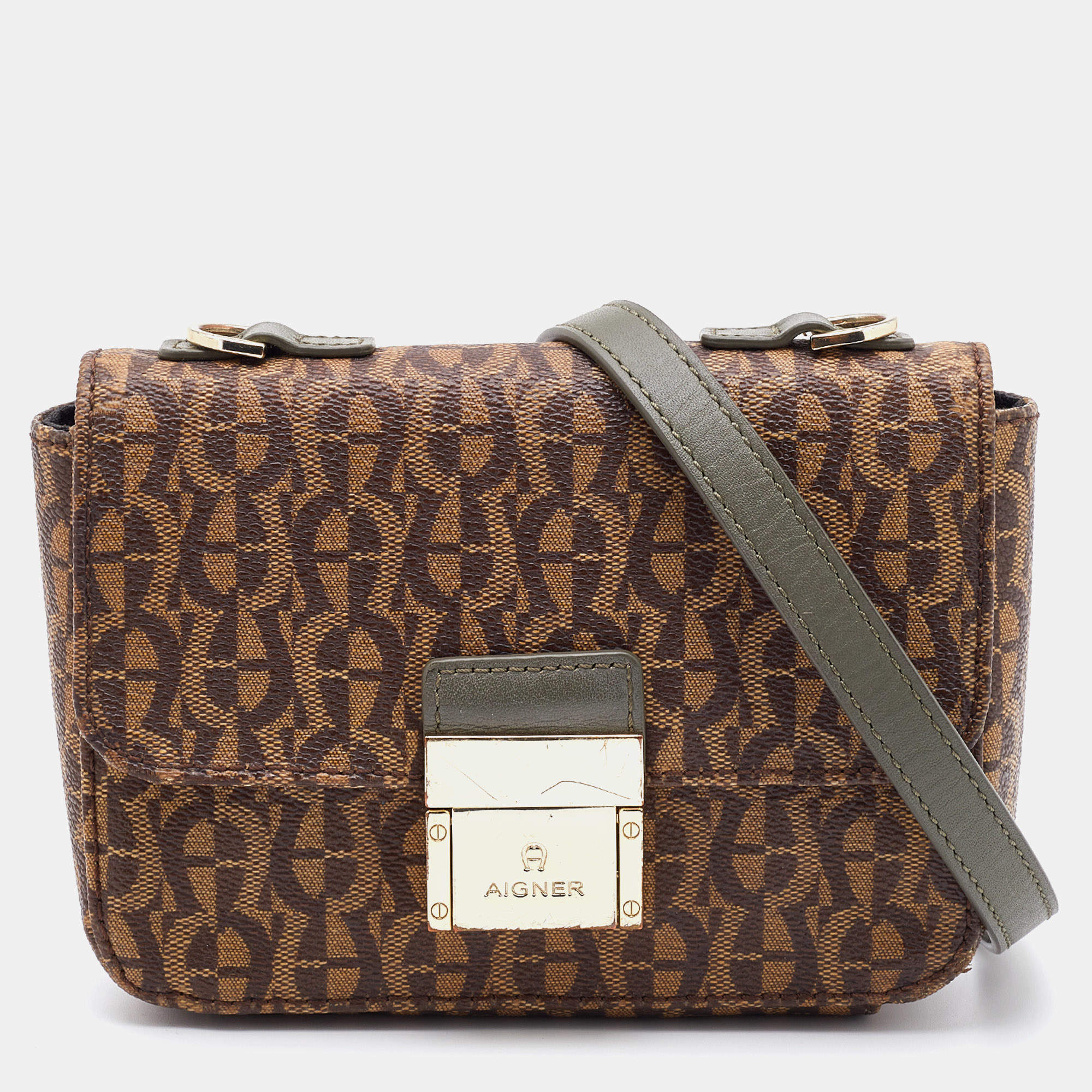 Pre Owned Aigner Brown Signature Canvas and Leather Flap Crossbody Bag 