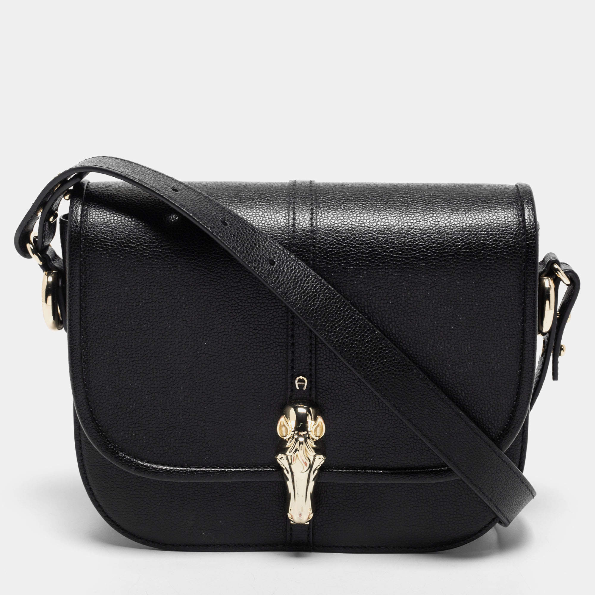 Pre Owned Aigner Black Leather Flap Crossbody Bag