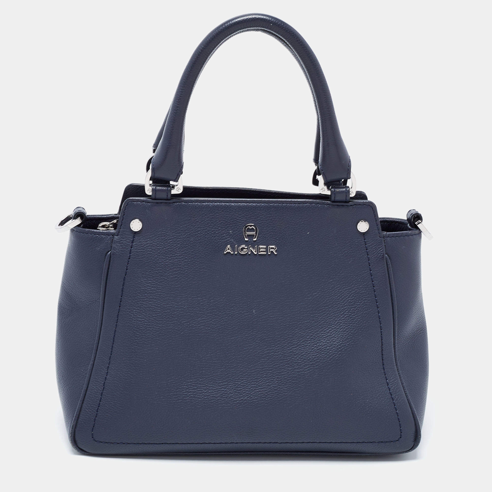 Pre Owned Aigner Blue Leather Zip Satchel