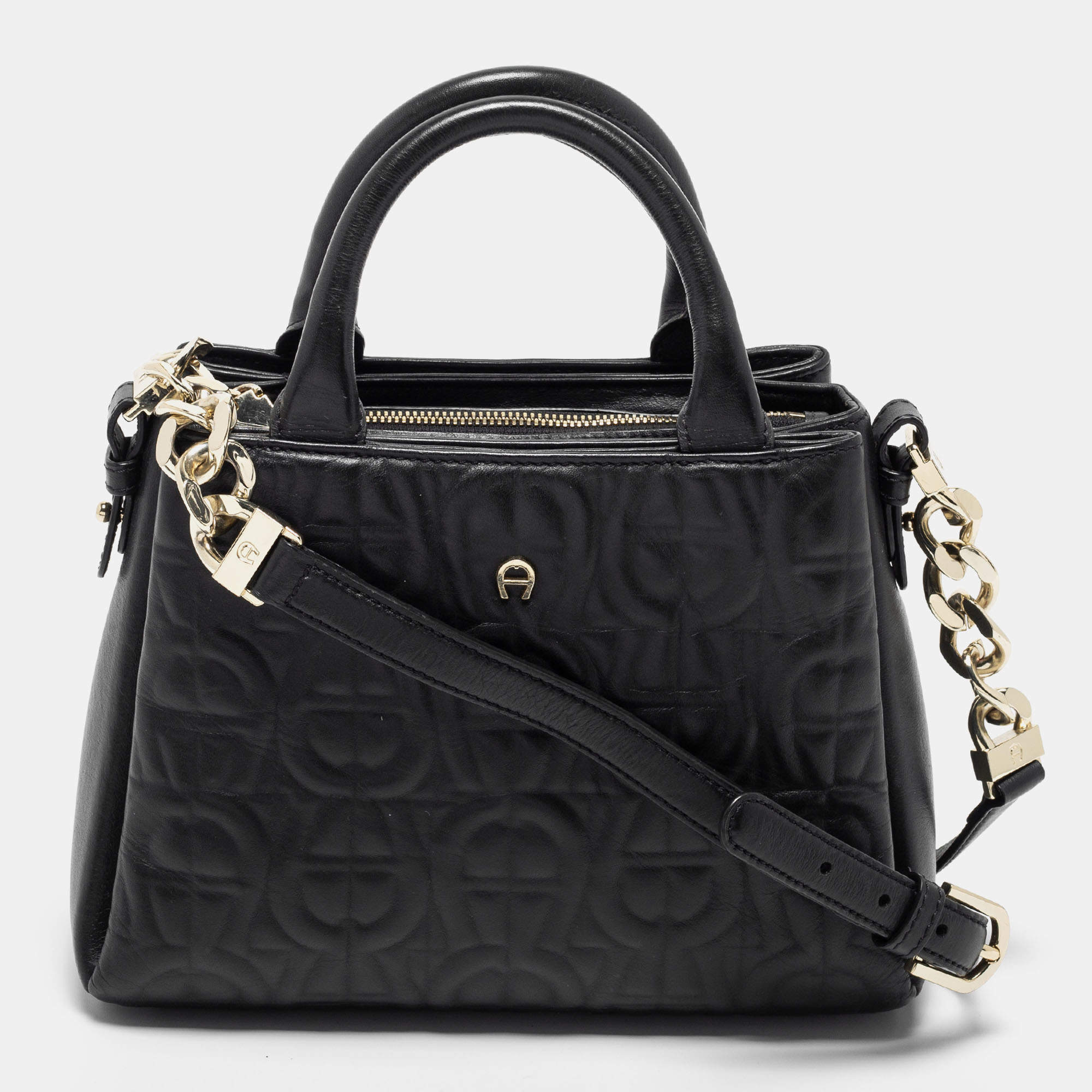 Aigner Black Embossed Leather Zip Satchel