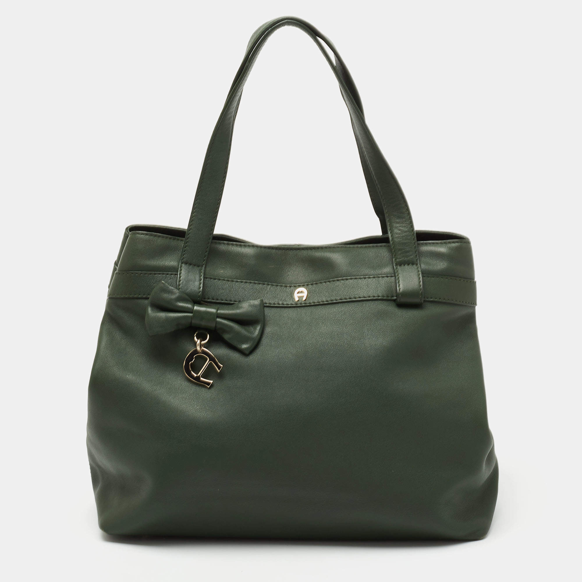 Pre Owned Aigner Dark Green Leather Bow Tote