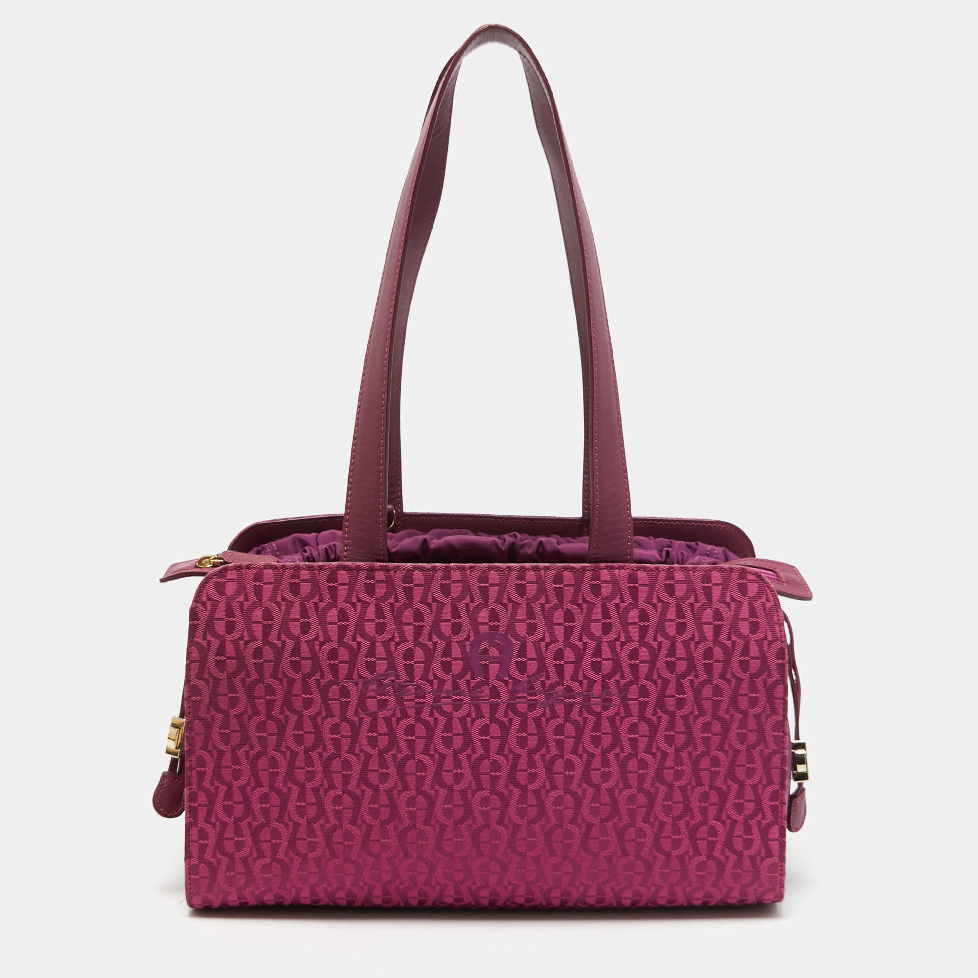 Pre Owned Aigner Magenta Jacquard Canvas Drawstring Satchel