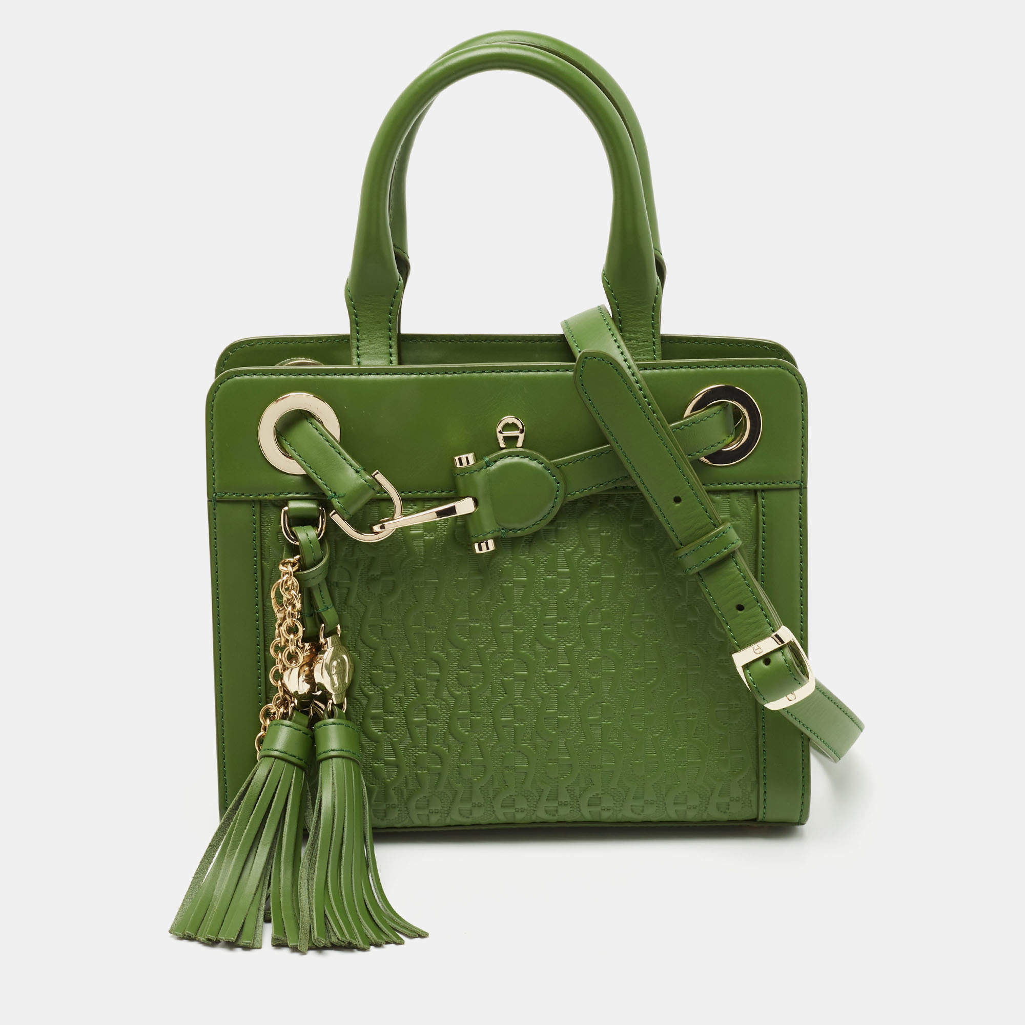 Pre Owned Aigner Green Logo Embossed Leather Cavallina Tote