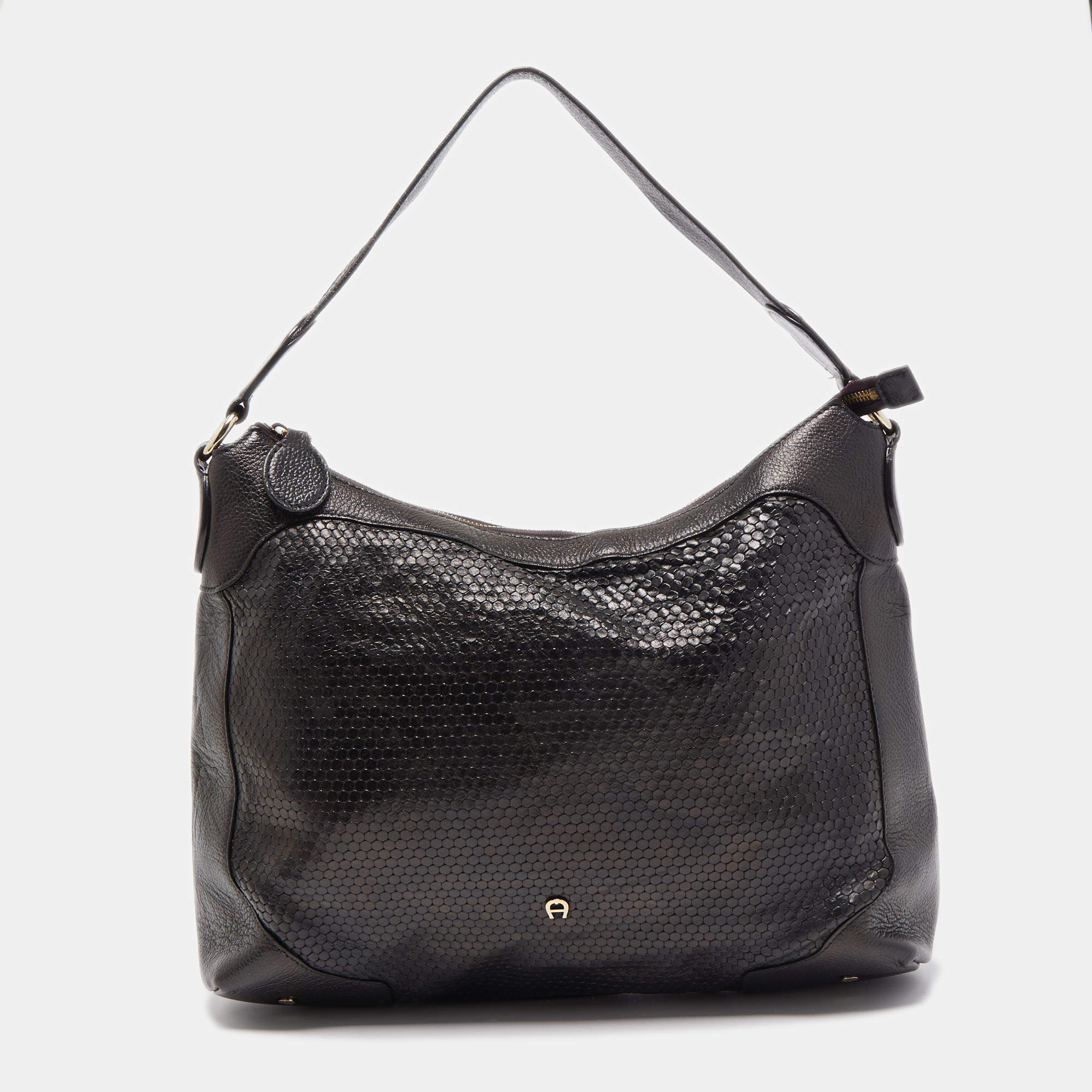 Aigner Black Embossed Leather Zip Hobo