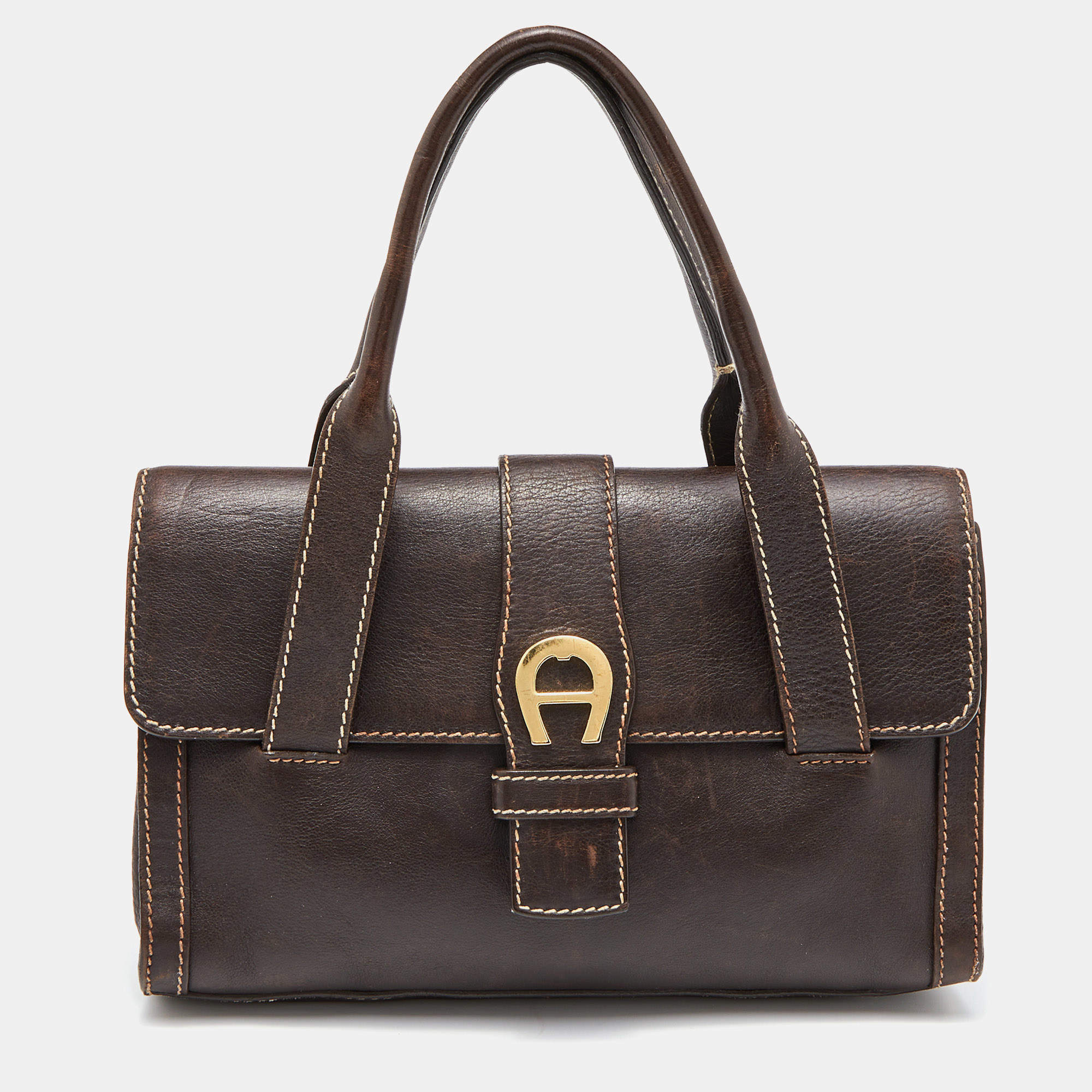 Pre Owned Aigner Brown Leather Flap Satchel