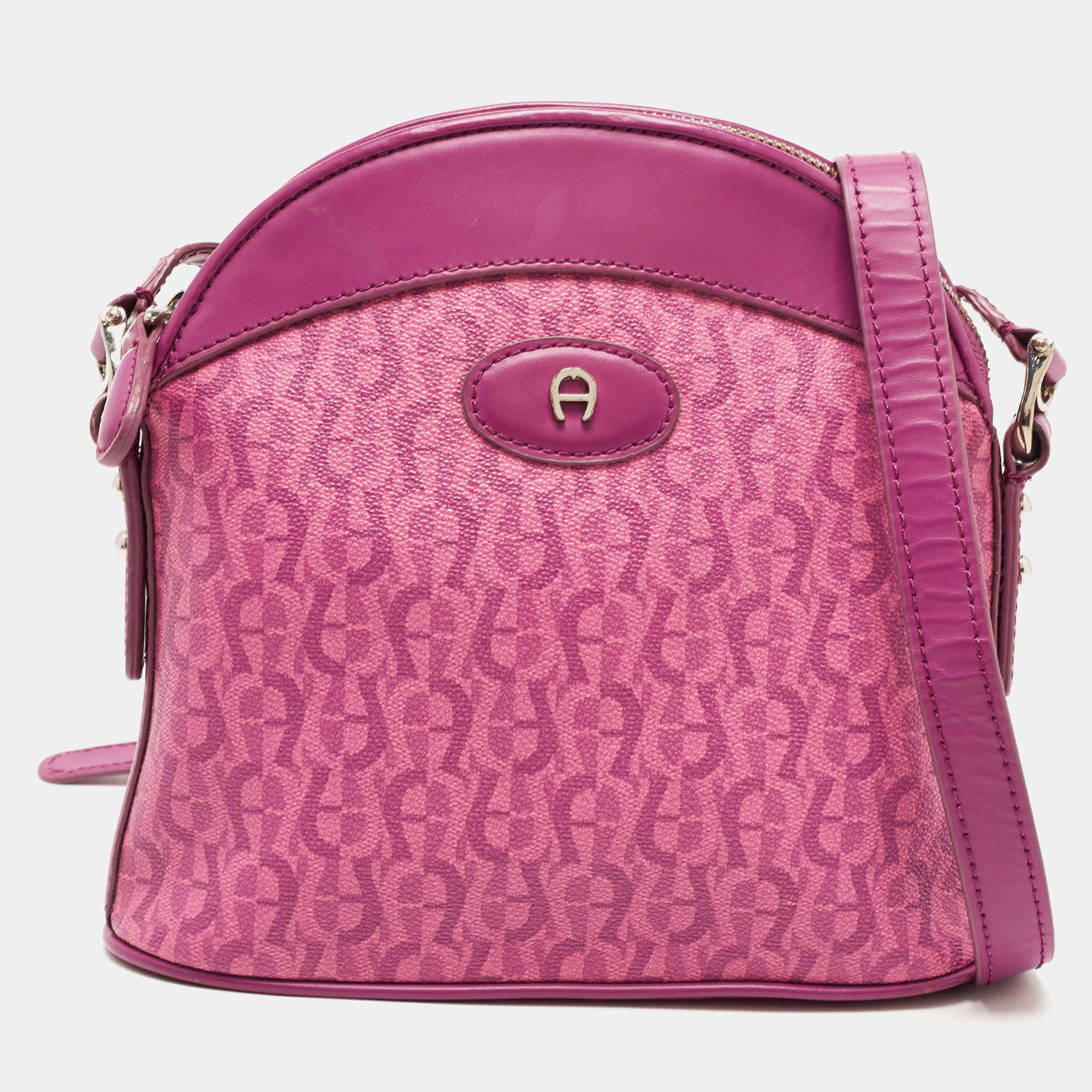 Aigner Magenta Monogram Coated Canvas and Leather Dome Crossbody Bag