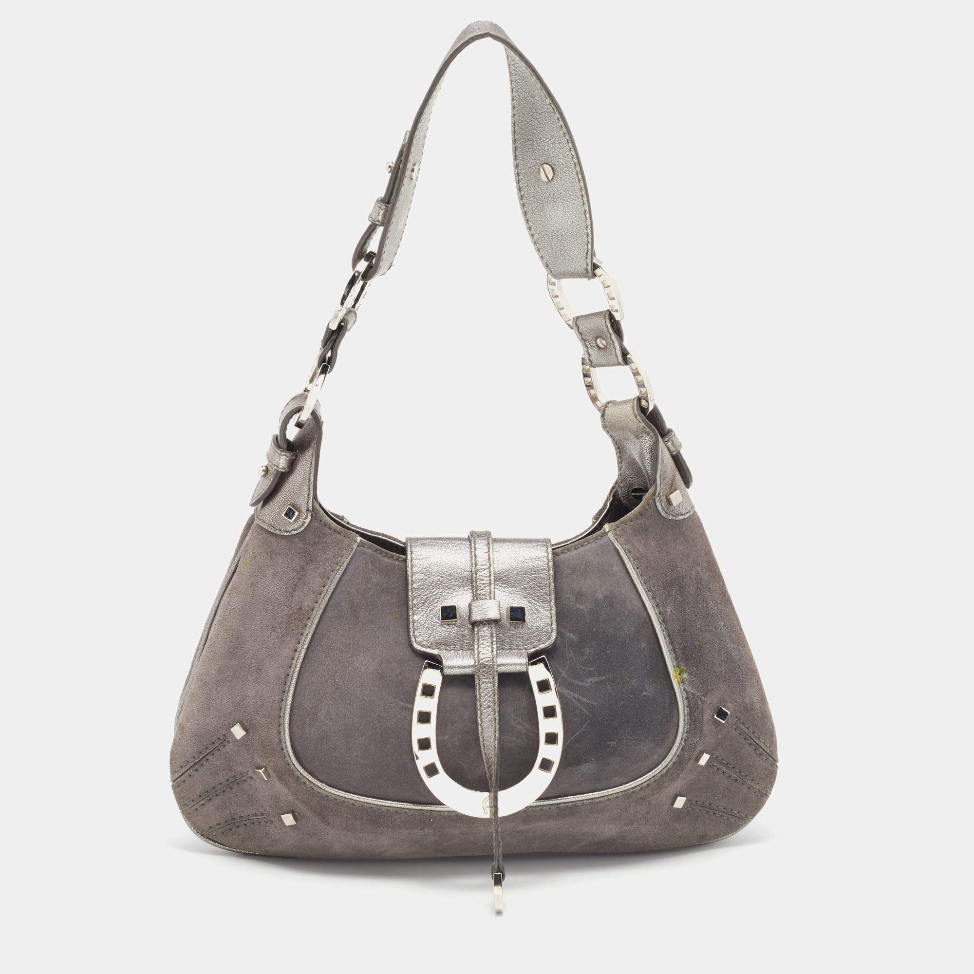 Pre Owned Aigner Grey Studded Suede and Leather Hobo