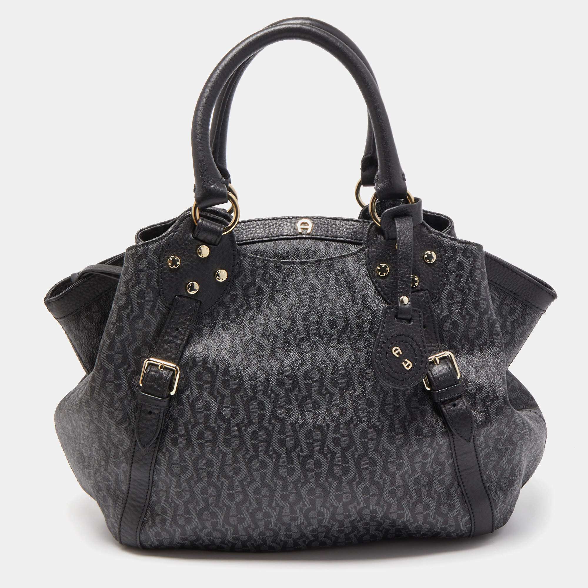 Pre Owned Aigner Black/Dark Grey Signature Coated Canvas and Leather Tote