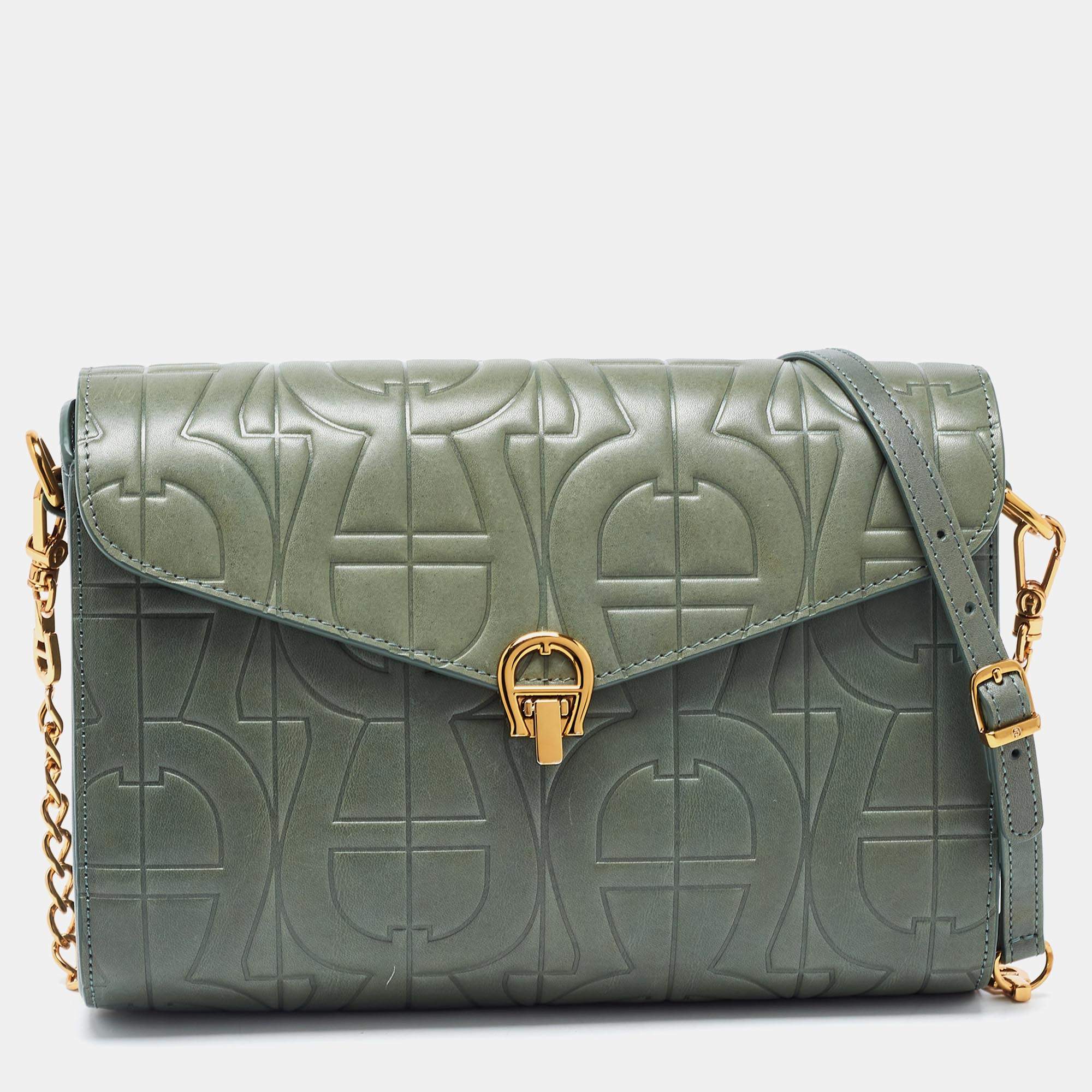 Aigner Green Logo Embossed Leather Pria Chain Shoulder Bag