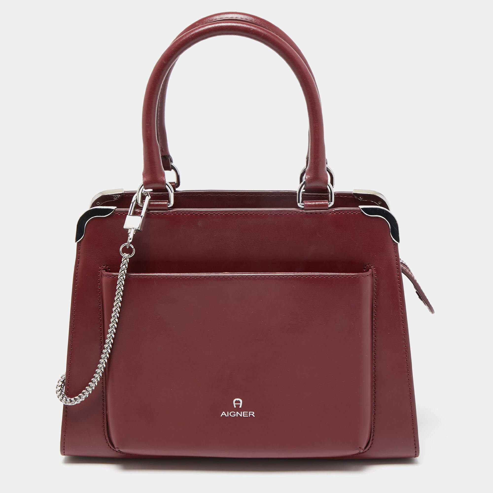 Pre Owned Aigner Burgundy Leather Front Pocket Satchel