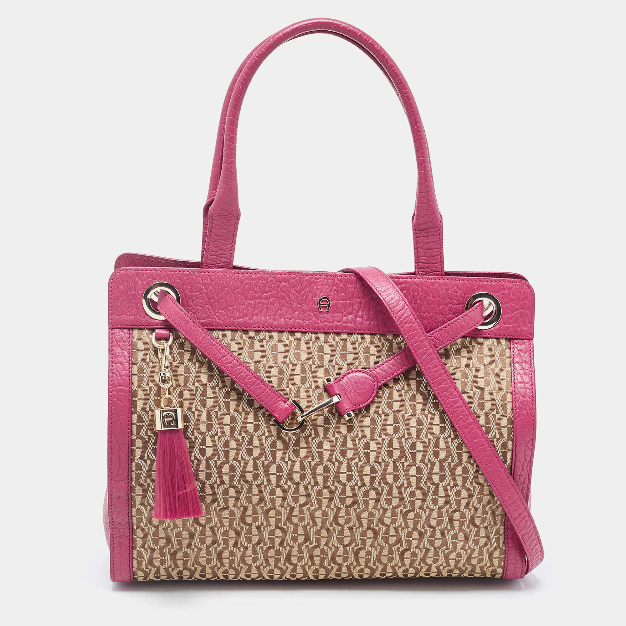 Pre Owned Aigner Dark Pink/Beige Monogram Canvas and Leather Cavallina Tote