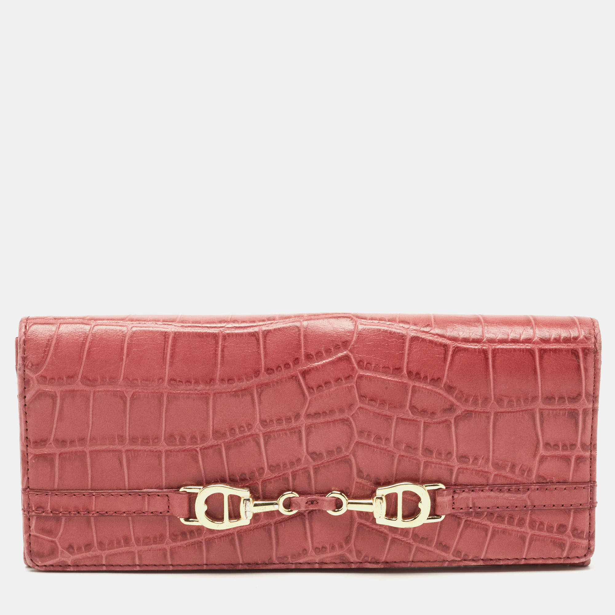 Pre Owned Aigner Pink Croc Embossed Leather Continental Wallet