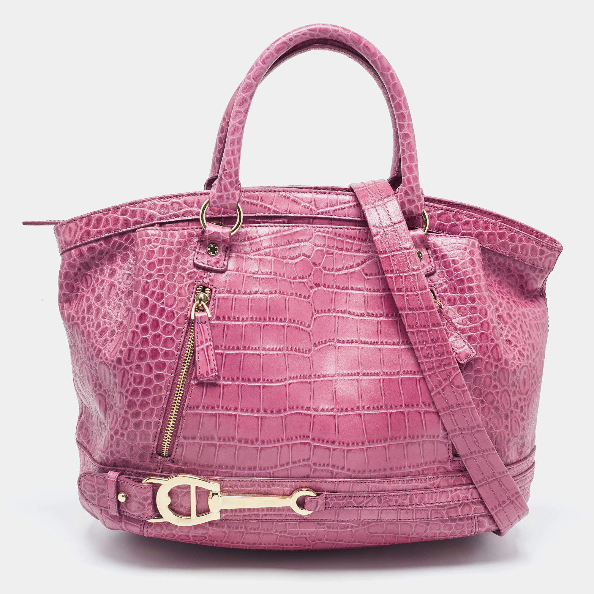 Pre Owned Aigner Pink Croc Embossed Leather Double Zipped Satchel