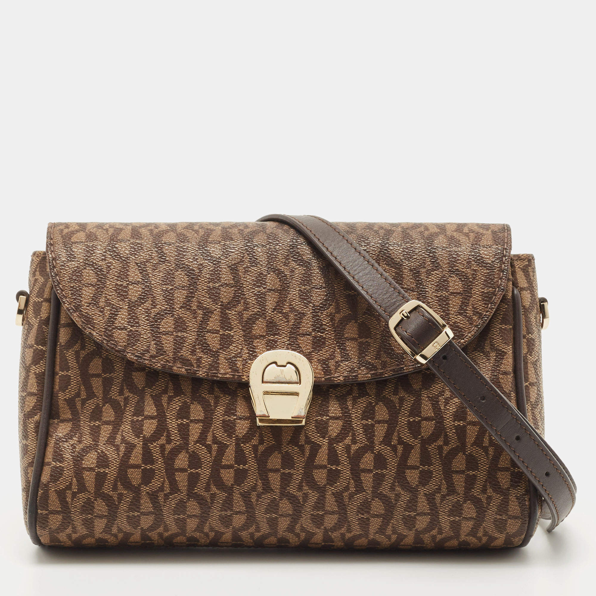 Pre Owned Aigner Brown Monogram Coated Canvas Genoveva Crossbody Bag