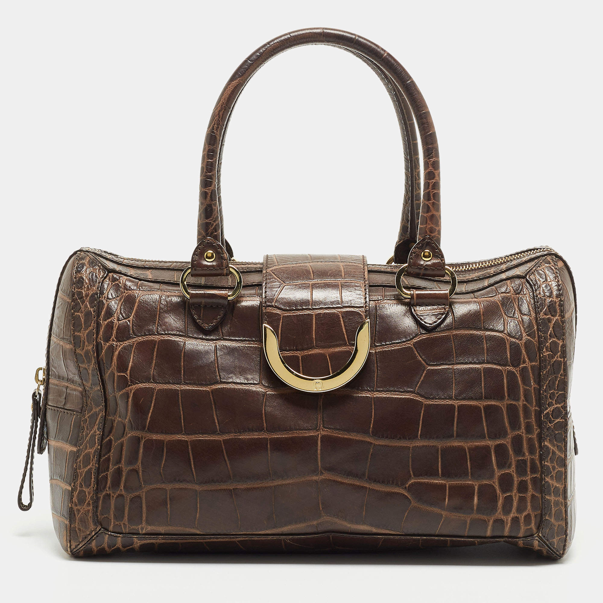 Aigner Brown Croc Embossed Leather Metal Bar Flap Tote Aigner TLC