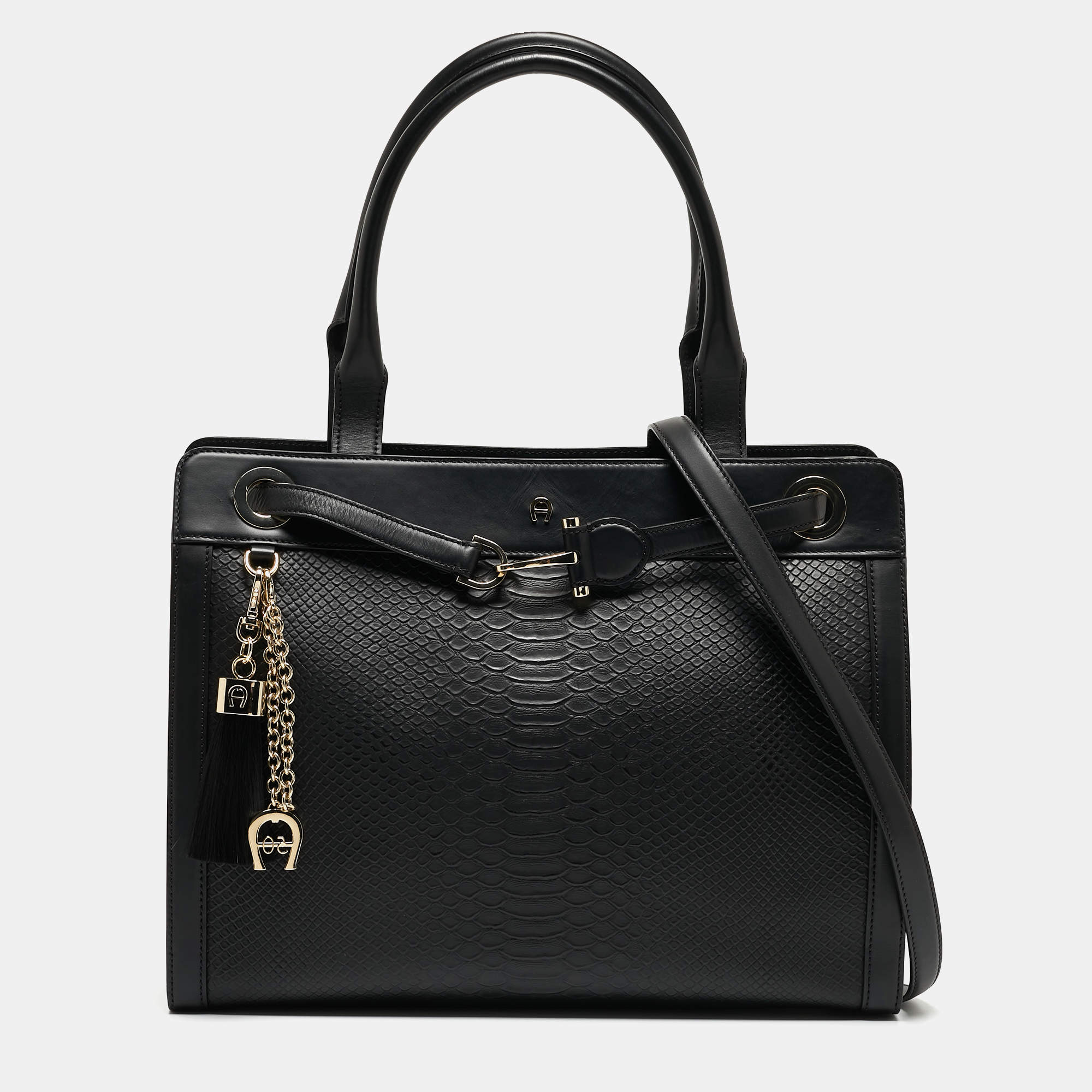 Aigner Black Python Embossed Leather and Leather Cavallina Tote